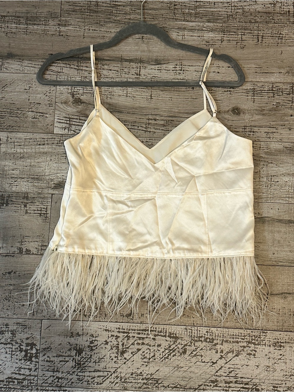 Cinq à Sept Ivory Feather Trim Satin Crop Top – Size S - Picture 5 of 5